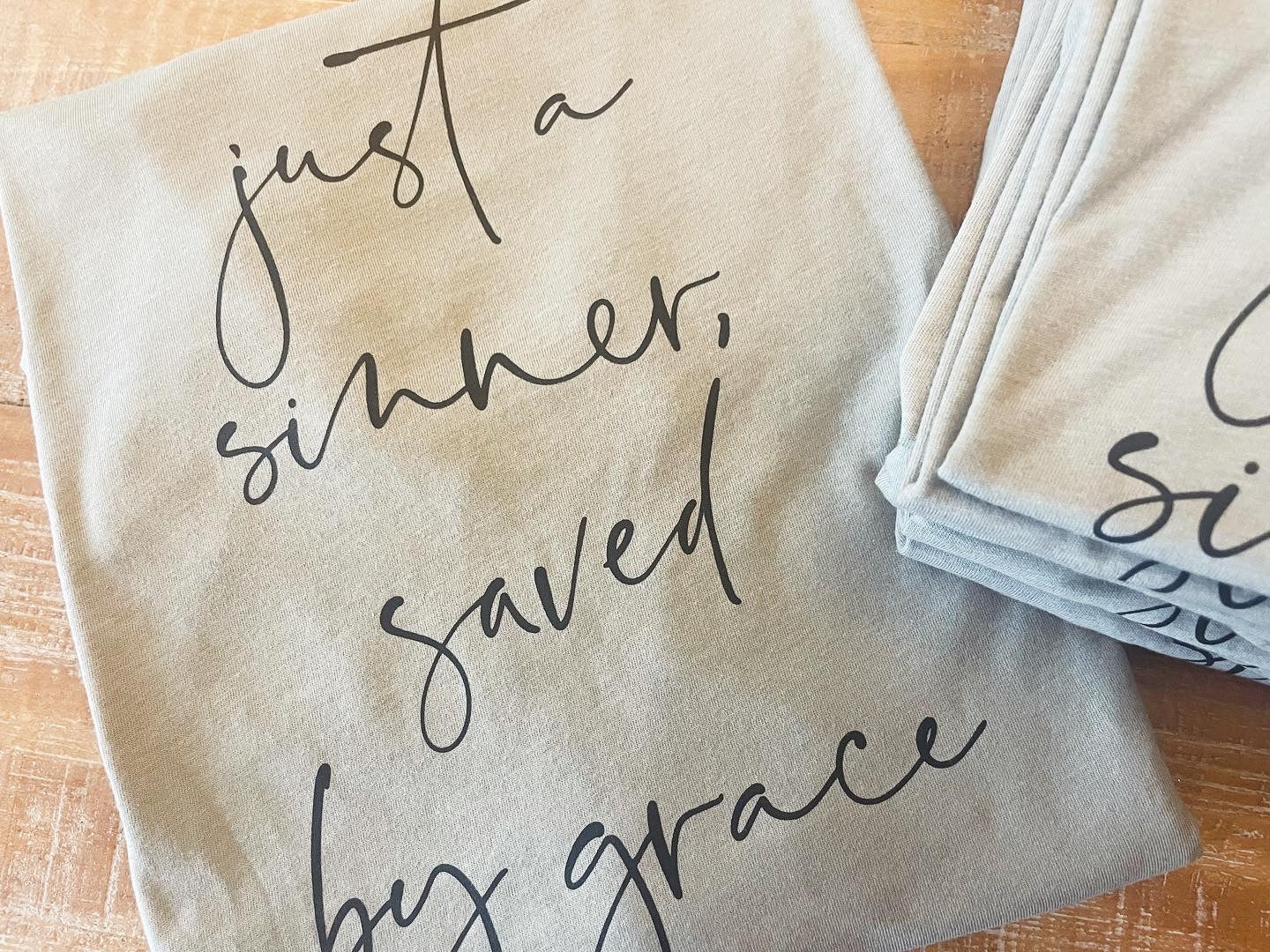 Just A Sinner Saved By Grace Gray Graphic Tee