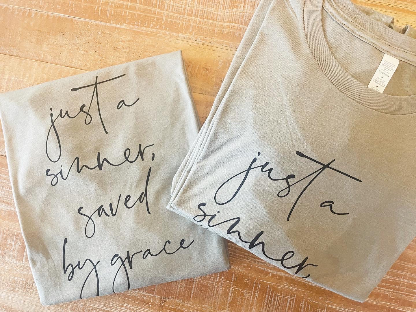 Just A Sinner Saved By Grace Gray Graphic Tee