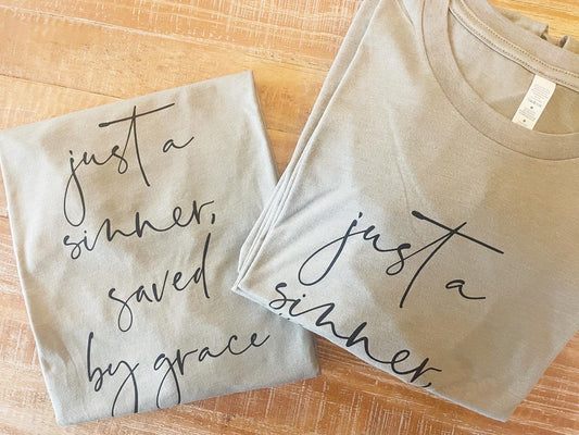 Just A Sinner Saved By Grace Gray Graphic Tee