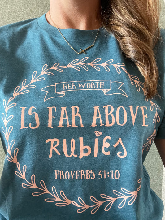 Her Worth Is Far Above Rubies Blue Heather Graphic Tee