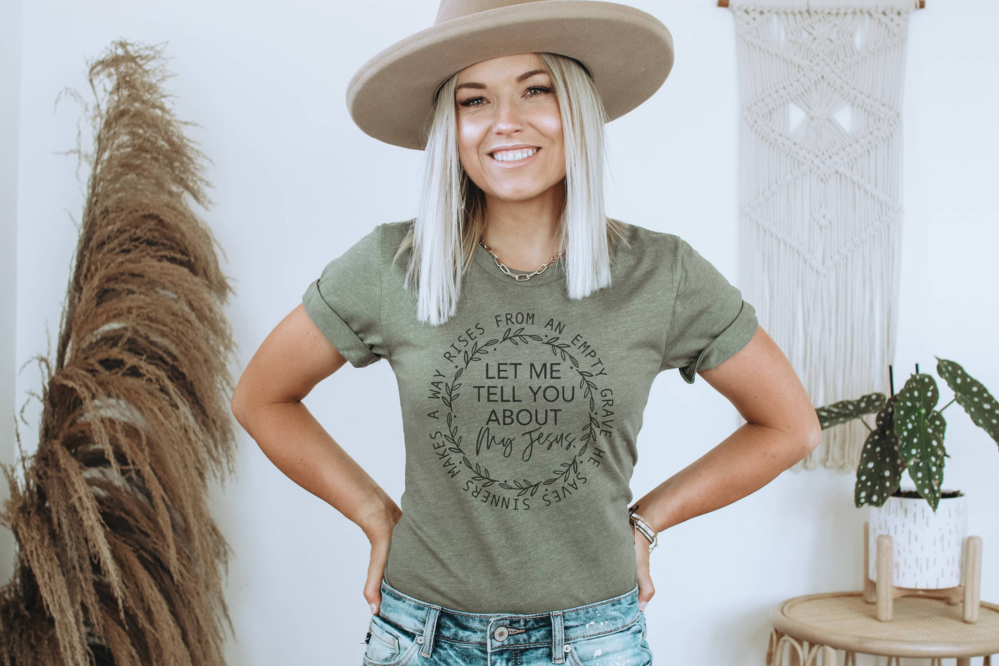 Let Me Tell You About My Jesus Heather Olive Graphic Tee